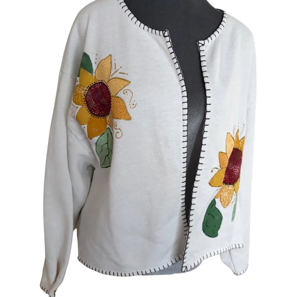 Hand-Painted Sunflower Cardigan Sweater Open Front White Lightweight Womens Larg - Picture 2 of 5